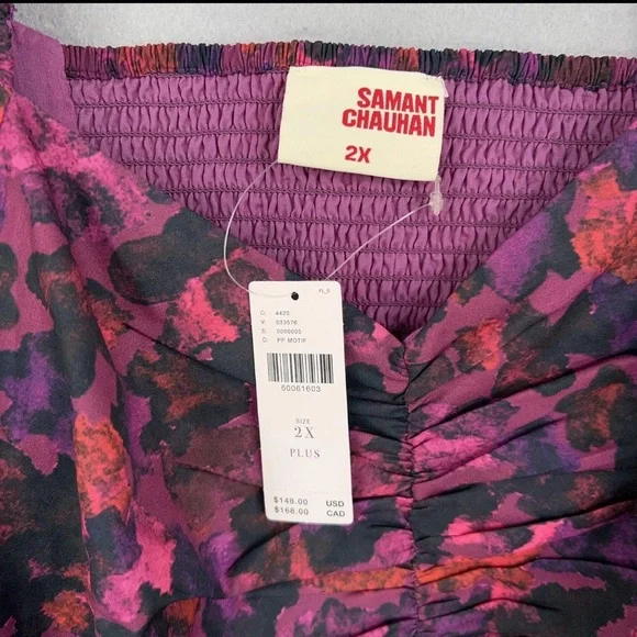 Anthropologie Samant Chauhan Blouse 2X Purple Floral Puff Square Ruched NWT - Picture 8 of 15